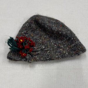Elegant Gray Wool Hat with Red Floral Detail